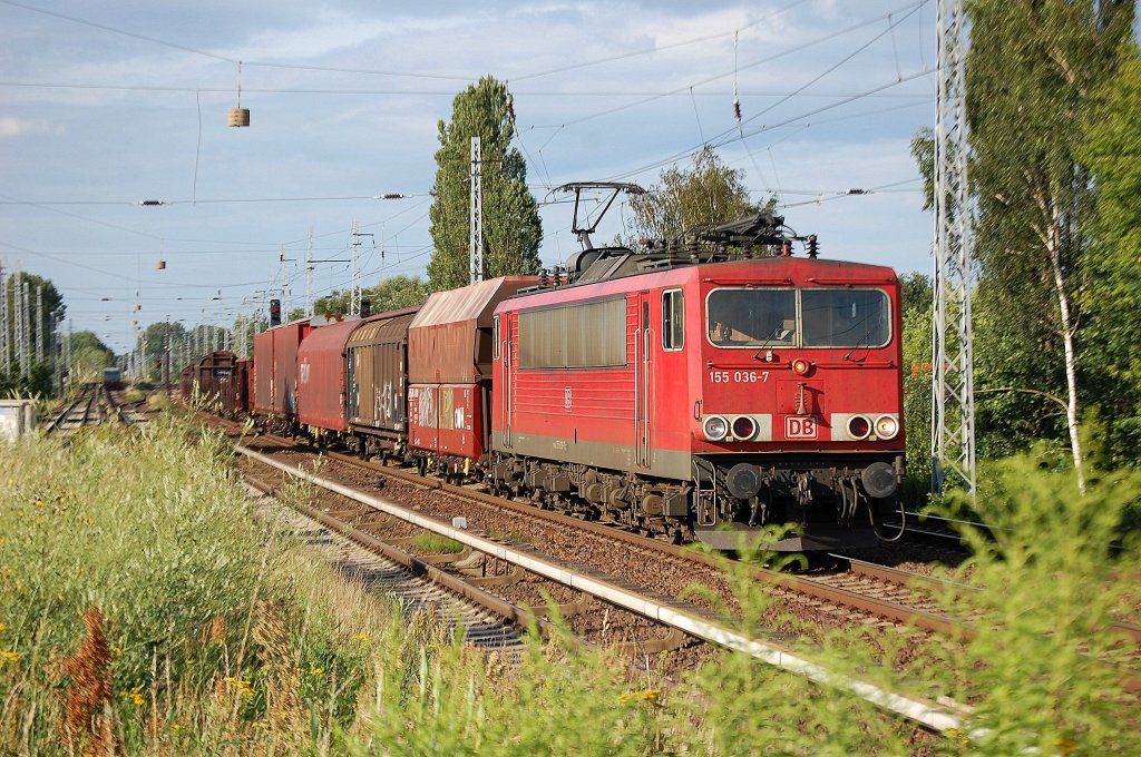155 036-7 mit gemischtem Gterzug am 11.07.12 Berlin-Karow.