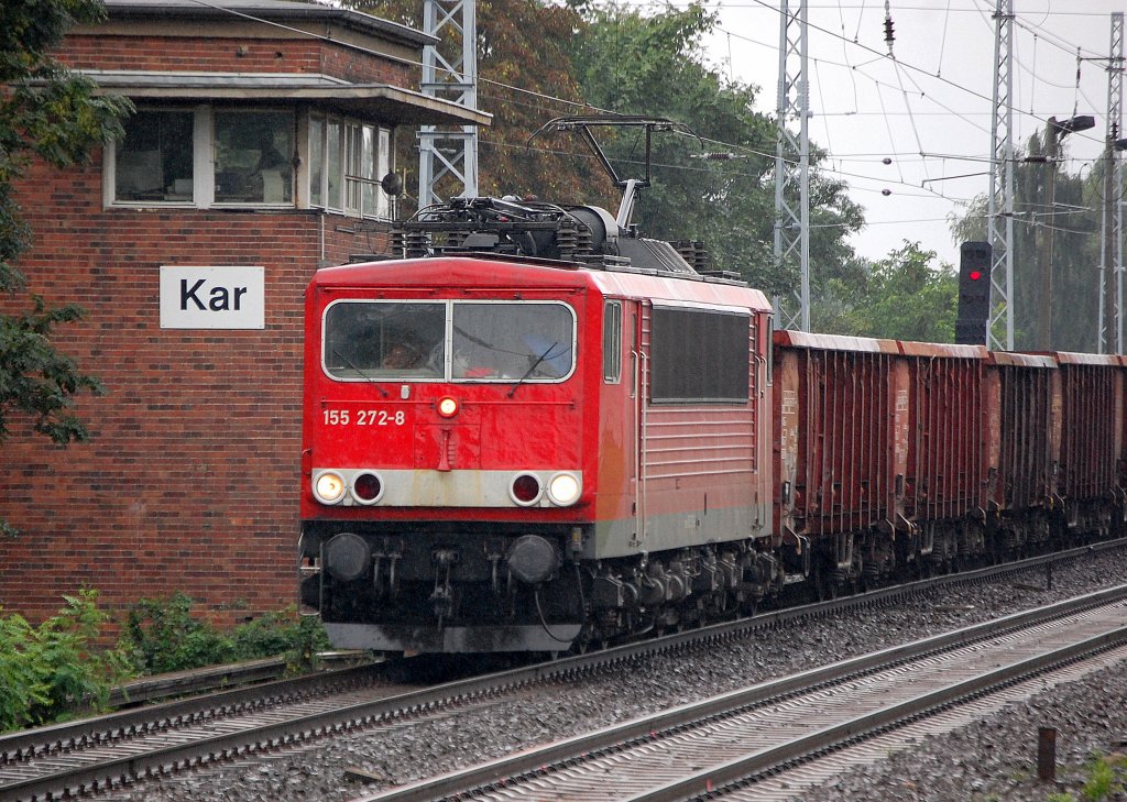 155 272-8 mit Ganzzug offener Gterwagen Richtung Bernau, 26.08.10 Berlin-Karow.