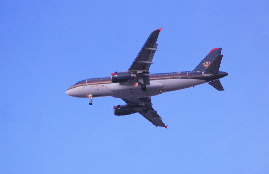 Royal Jordanien mit Airbus A319-132 (JY-AYL) Beim Landeanflug Flughafen Berlin-Tegel am 23.02.12 ber Berlin-Pankow.