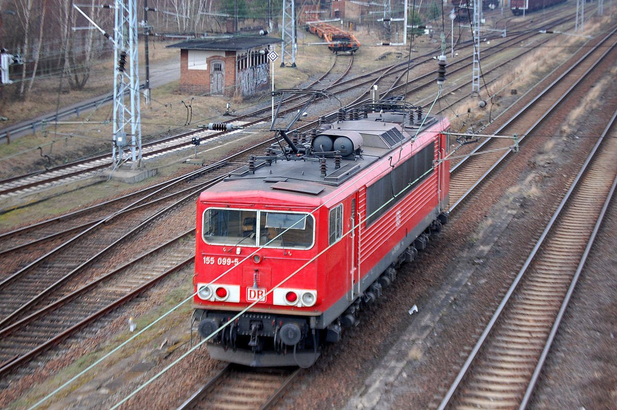 155 099-5 bei der Durchfahrt im RLCW Elstal/Wustermark nachdem sie einen Zug dort abgestellt hat, 03.03.14