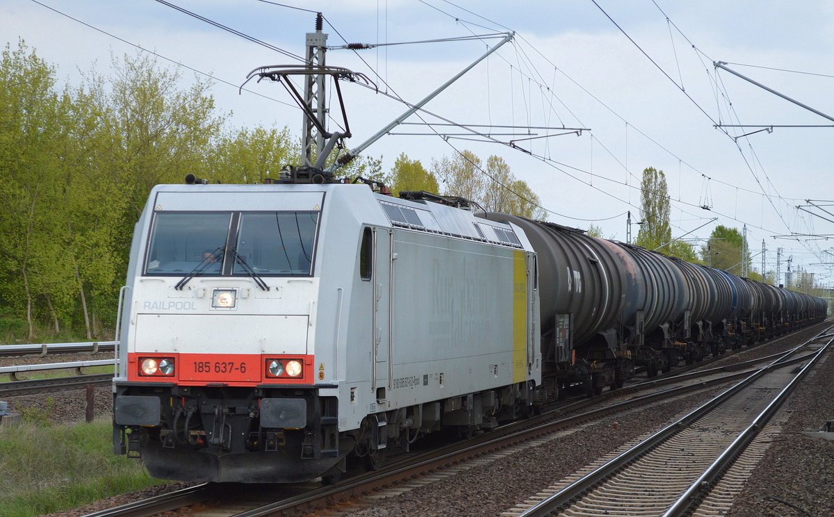 CTL mit der Railpool-Lok 185 637-6 und Kesselwagenzug (leer) Richtung Stendell am 27.04.17 Berlin-Hohenschönhausen.