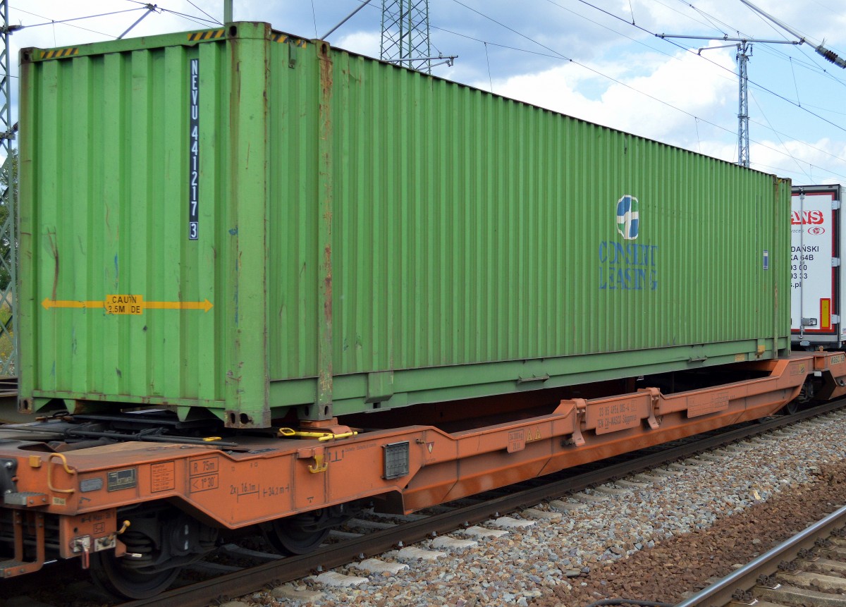 Da steht glaube ich CONSENT LEASING auf dem grünen Container, müsste zu CAI dem US-ameriknischen Unternehmen gehören?, 12.08.14 Bhf. Flughafen Berlin-Schönefeld.