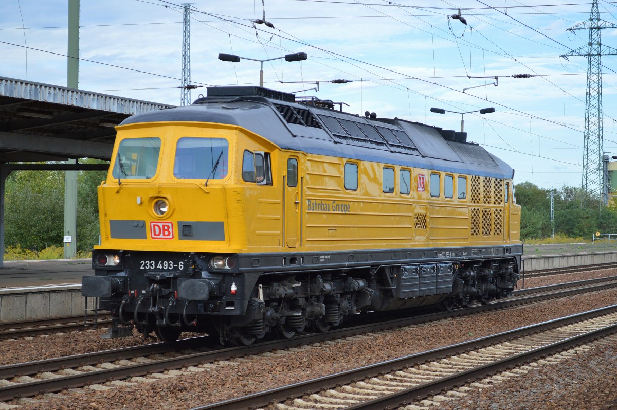 DB Bahnbau-Gruppe mit ihrem gelben Tiger 233 493-6 am 17.09.15 Bhf. Flughafen Berlin Schönefeld, nachdem sie einige Zeit zuvor einen Gleisbauzug abgeliefert hat