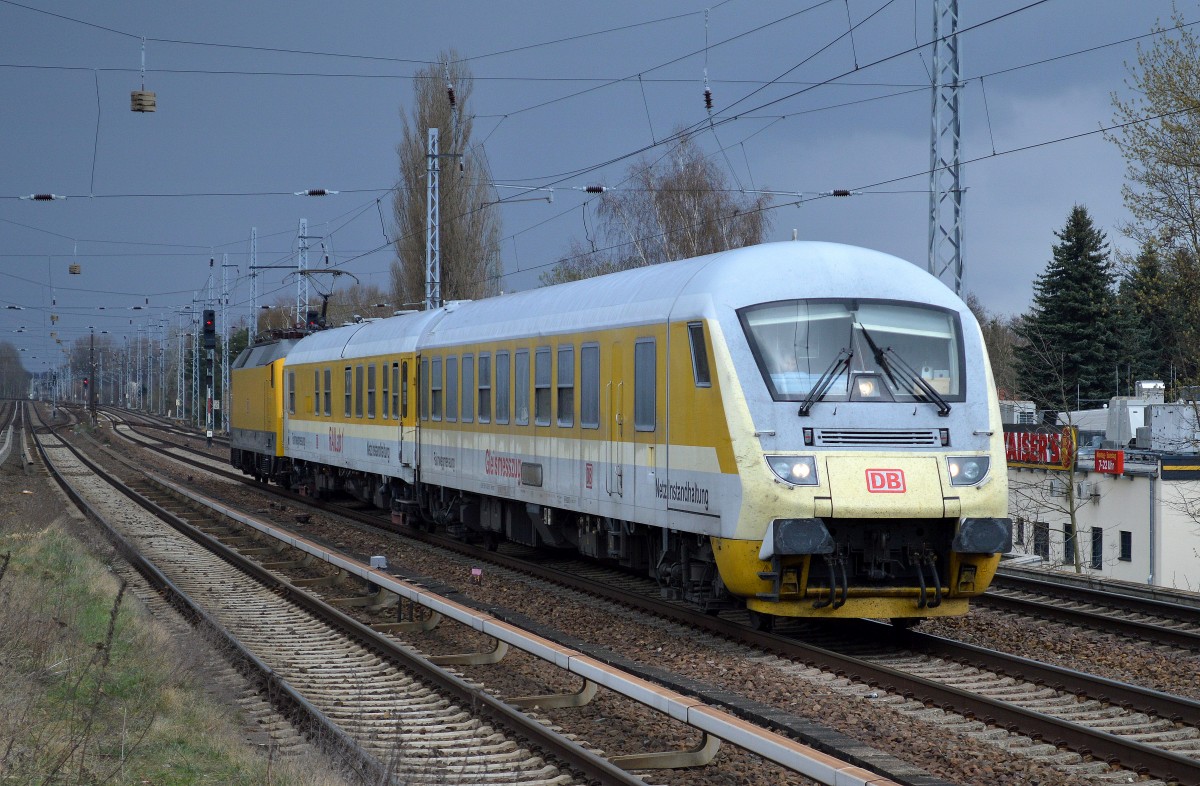 DB Netz Instandhaltung mit Gleismesszug Fahrwegmessung mit Steuerwagen + RAILab1 + 120 502 als Schublok Richtung Berlin-Blankenburg am 25.03.14 Berlin-Karow.