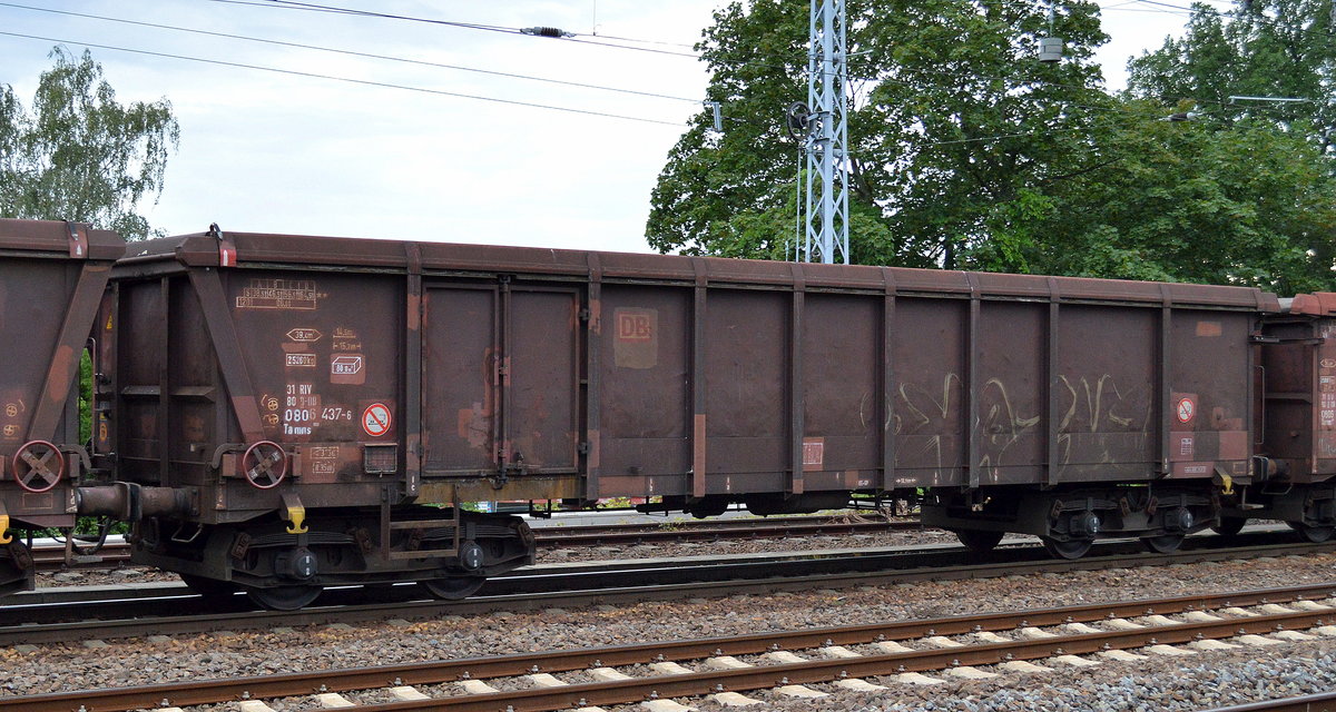 Drehgestellwagen (mit Rolldach) der DB mit der Nr. 31 RIV 80 D-DB 0806 437-6 Tamns 893 am 09.08.16 Berlin-Grünau.