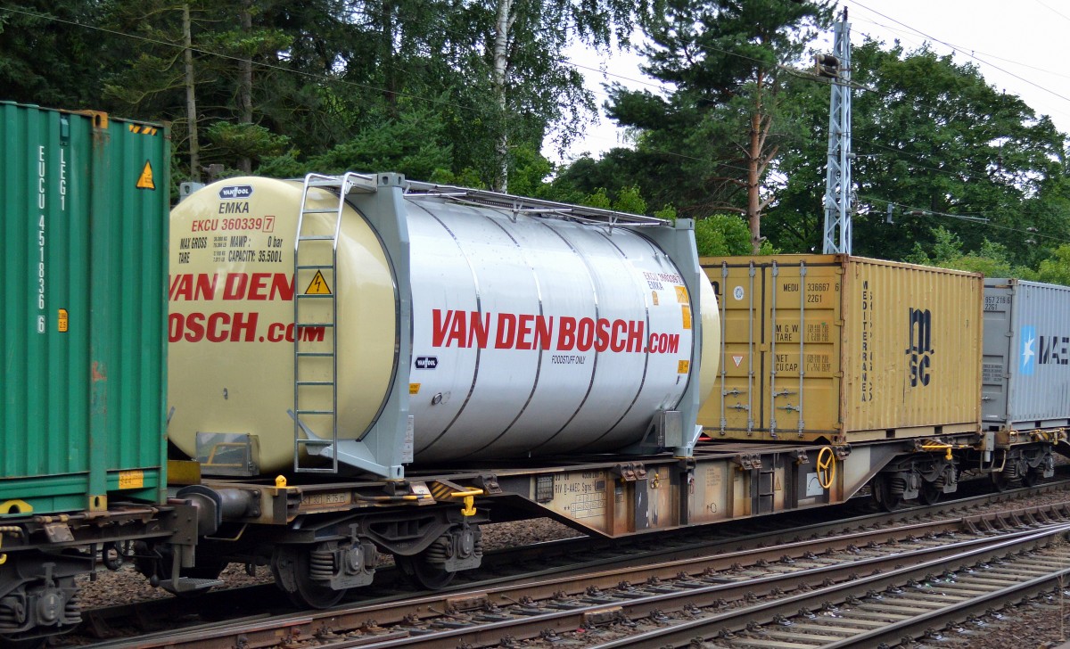 Ein deutscher Containertragwagen mit der Nr. 33 RIV 68 D-AAEC 4556 208-9 Sgns 74 am 08.07.15 Berlin-Hirschgarten.