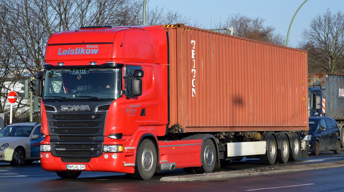 Scania R560 Container-Sattelzug der Sped. Klaus Leistikow am 03.03.15 auf dem Weg zum Berliner Westhafen.