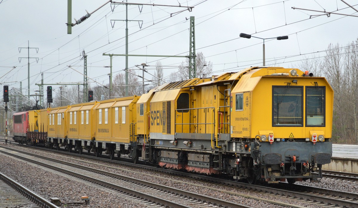 Schienenschleifzug SPENO RR 16 MS-2 (99 81 9127 002-9 A-RTS) mit Beiwagen gezogen vom einer DB 155 183-7 am 19.03.14 Bhf. Flughafen Berlin-Schnefeld.