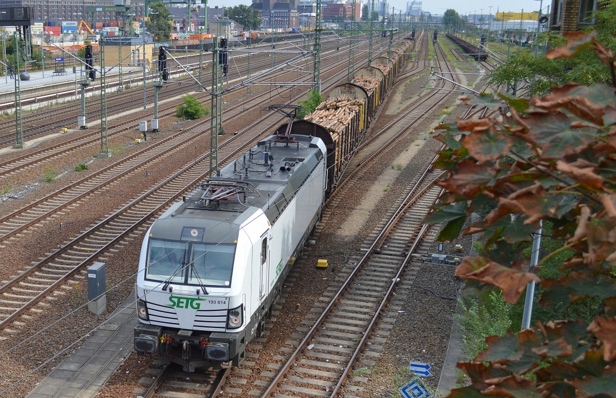 SETG mit ihrer VECTRON 193 814 (91 80 6193 814-1 D-Rpool, Siemens Bj.2014) und einem Holzzug am 13.09.15 Berlin-Beusselbrücke Richtung Berlin-Spandau.