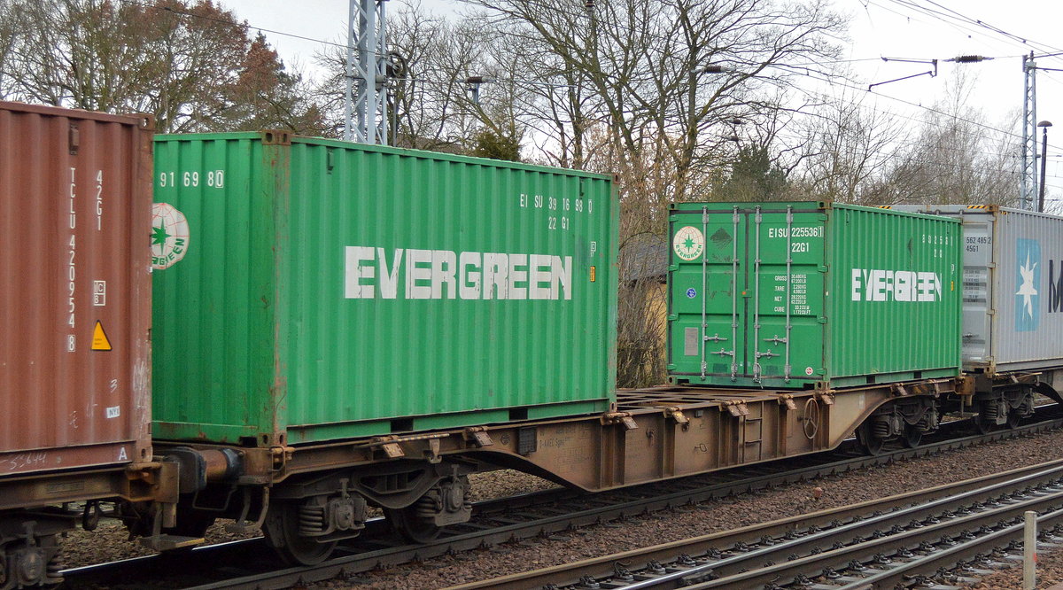 Zwei kleine grüne 20’ Standard Container der Evergreen Marine Corp. (Taiwan) Ltd. am 20.01.18 Berlin-Hirschgarten.
