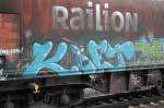 Graffiti auf einem Güterwagen am 28.03.15 Bhf. Flughafen Berlin-Schönefeld.