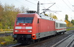 101 130-3 mit stark verkürztem IC-Zug, die DB muss sparen (kleiner Scherz), wahrscheinlich wird der Bistro-Waggon wohl anderweitig benötigt, 19.10.16 Berlin-Hohenschönhausen.