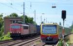 155 243-9 kam gerade das Karower Kreuz Berlin hinauf nit Güterzug als eine S2 der BR 481 der Berliner S-Bahn im Bhf. Berlin-Karow einfuhr am 18.06.14 