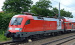 182 003 mit Werbebeklebung in eigener Sache (Brandenburgticket) mit dem RE1 nach Frankfurt Oder am 30.06.16 Berlin Köpenick.
