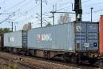 Zwei MOL (Mitsui O.S.K. Lines, Ltd.) Container der bekannten japanischen Gesellschaft am 09.10.14 Bhf. Flughafen Berlin-Schönefeld.