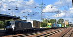 klv-zuege-lkw-trailer-wechselbruecken-container-ua/891156/lte-polska-sp-z-oo-gdynia LTE Polska Sp. z o.o., Gdynia [D] mit der geleastewn BRCE Dispo Lok 'ES 64 F4-802' [NVR-Nummer: 91 80 6189 802-2 D-DISPO] und einem KLV-Zug am 04.08.25 Durchfahrt Bahnhof Schönefeld bei Berlin.
