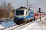 Die MWB Lok 1116 911-7 (Siemens Bj.2003) auch an ODEG vermietet mit dem RE4 nach Rathenow bei der Einfahrt im Bhf.