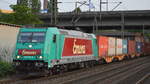 Emons Bahntransporte GmbH mit der 185 612-9 un Containerzug verlässt den Hamburger Hafen am 20.06.17, Bf. Hamburg-Harburg.