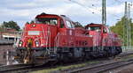db-cargo-private-evu/896233/db-cargo-ag-mainz-mit-den DB Cargo AG, Mainz mit den beiden Voith Gravita 10 BB Lok '261 100-2' (NVR: '92 80 1261 100-2 D-DB') + '261 022-8' (NVR: '92 80 1261 022-8 D-DB') am 18.09.25 Höhe Bahnhof Magdeburg-Neustadt.