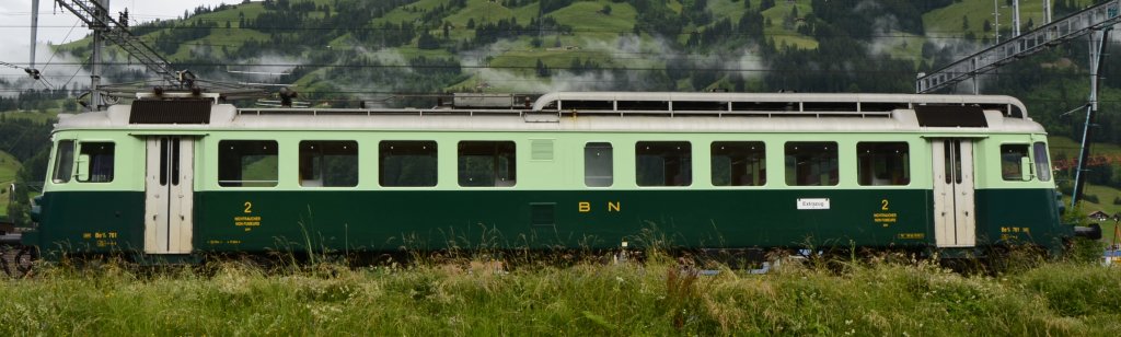100 Jahre L�tschbergbahn. Be 4/4  761 der BN am 29.06.2013 abgestellt in Frutigen.
