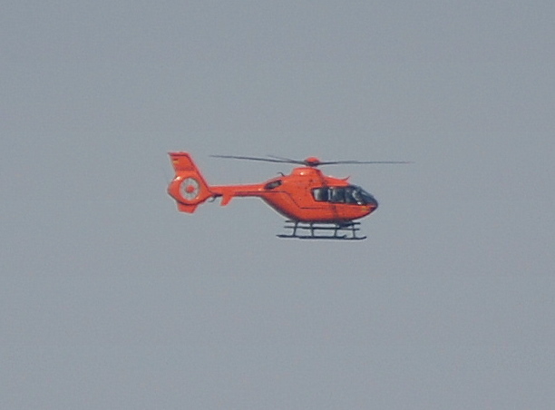 Eurocopter EC 135 in orange, ein deutscher Rettungshubschrauber Kennung?  Richtung Virchow-Klinikum, 08.10.10 Berlin-Moabit.