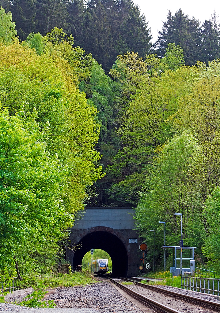 
Tunnelblick....
Nachdem der GTW 2/6 der Hellertalbahn am 11.05.2013 den Herdorfer Tunnel (137 m lang) durchfahren hat, h�lt er an dem dahinter liegenden Hp K�nigsstollen.
