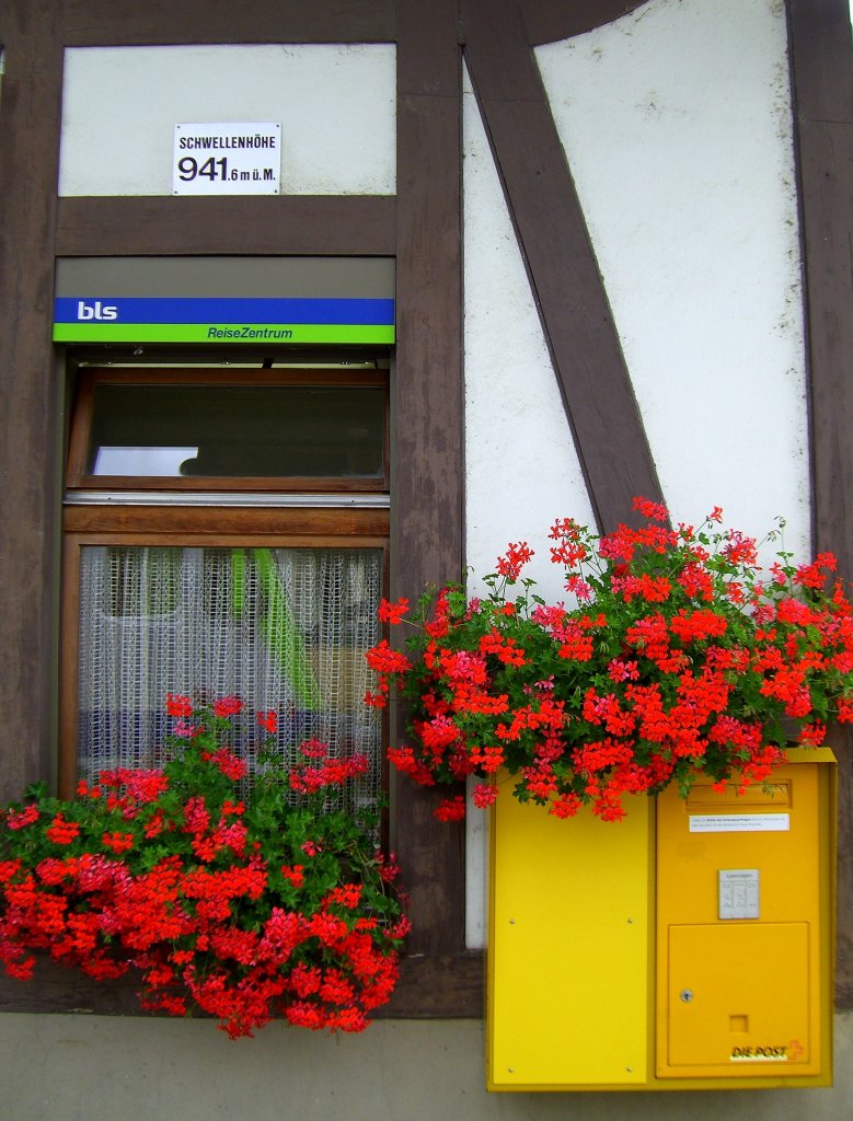 Zweisimmen Schwellenh�he 941m. Die Blumenpracht teilen sich Bahn und Post. (03.08.2007)
