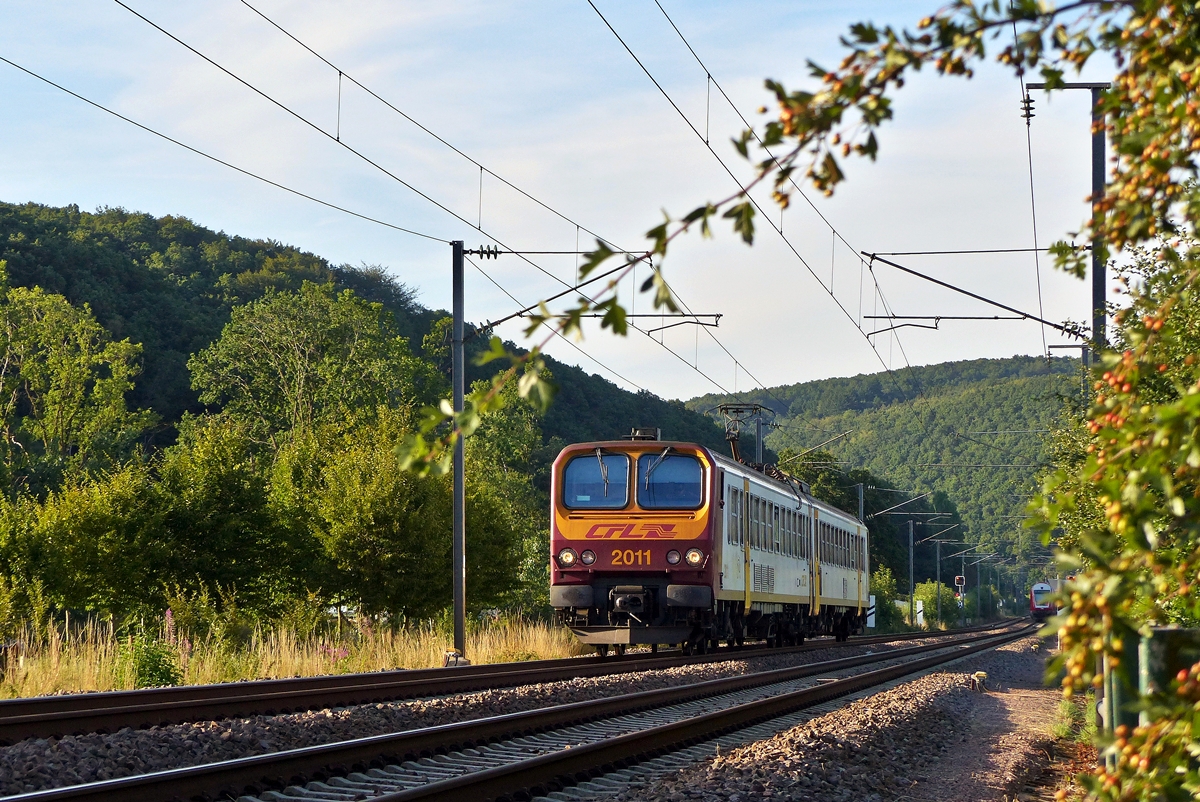 . Die Fotostelle am ehemaligen Bahn�bergang in Erpeldange/Ettelbr�ck w�chst langsam, aber sicher zu - Im warmen Abendlicht des 03.08.2015 f�hrt der Triebzug Z 2011 als RE 3743 Troisvierges - Luxembourg durch das beschauliche Sauertal in der N�he von Erpeldange dem Bahnhof von Ettelbr�ck entgegen. (Jeanny)
