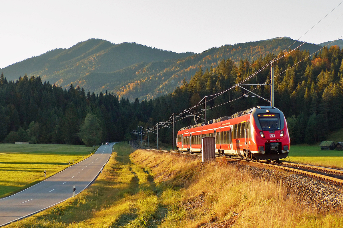 . Die tiefstehende Sonne des 04.10.2015 taucht die Mittenwaldbahn zusammen mit dem Hamster in ein goldenes Licht. 2442 211 war als RB M�nchen Hbf - Innsbruck Hbf in Mittenwald, am Quicken unterwegs. (Jeanny) 
