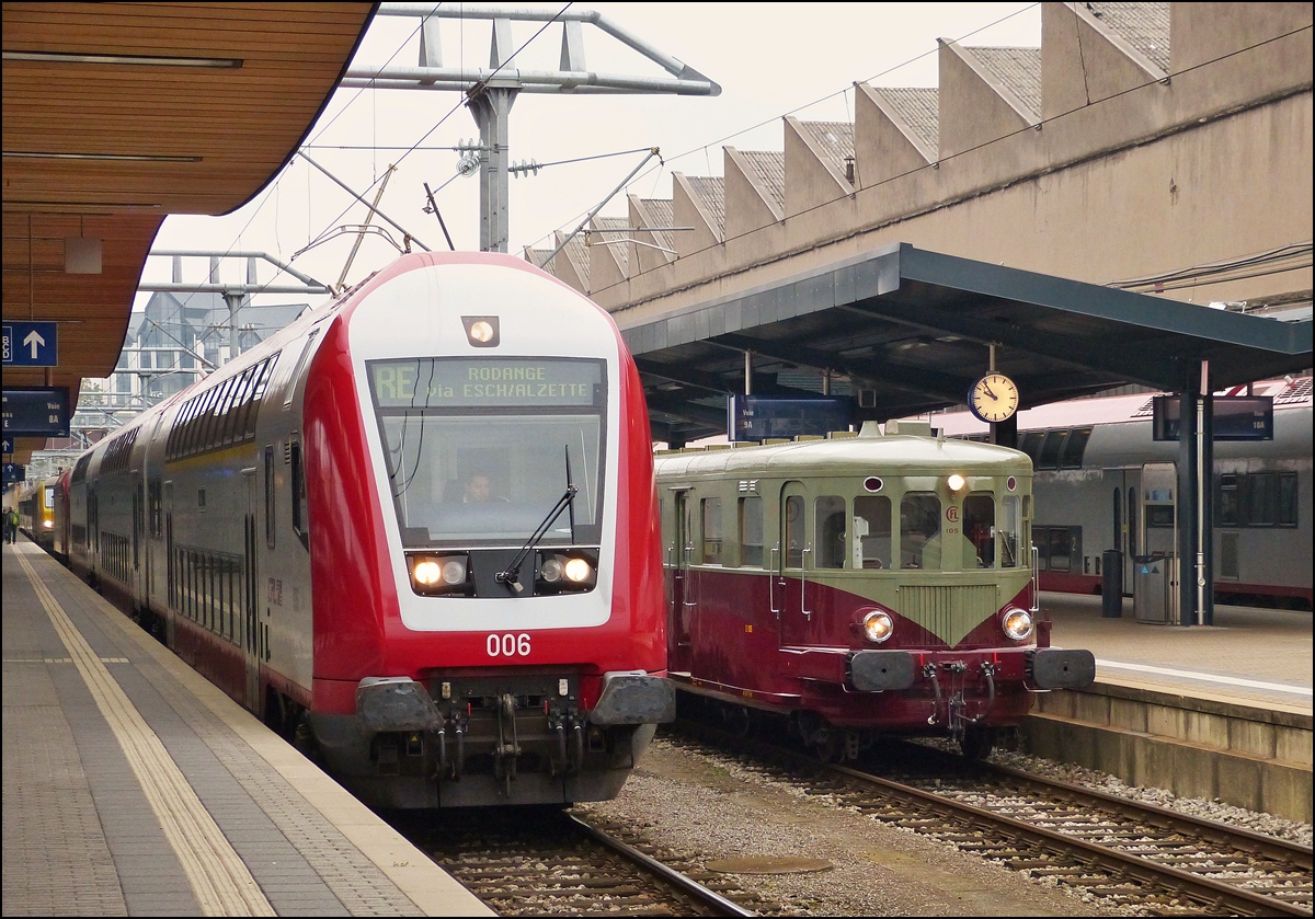 . Gr��envergleich zwischen einem CFL Dosto Zug und dem Dieseltriebzug Z 105 in Luxemburg Stadt. 12.10.2013 (Hans)