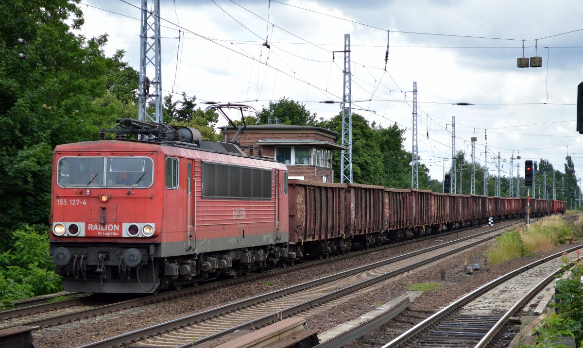 155 127-4 mit Ganzzug offener Güterwagen Richtung Bernau am 24.06.14 Berlin-Karow.