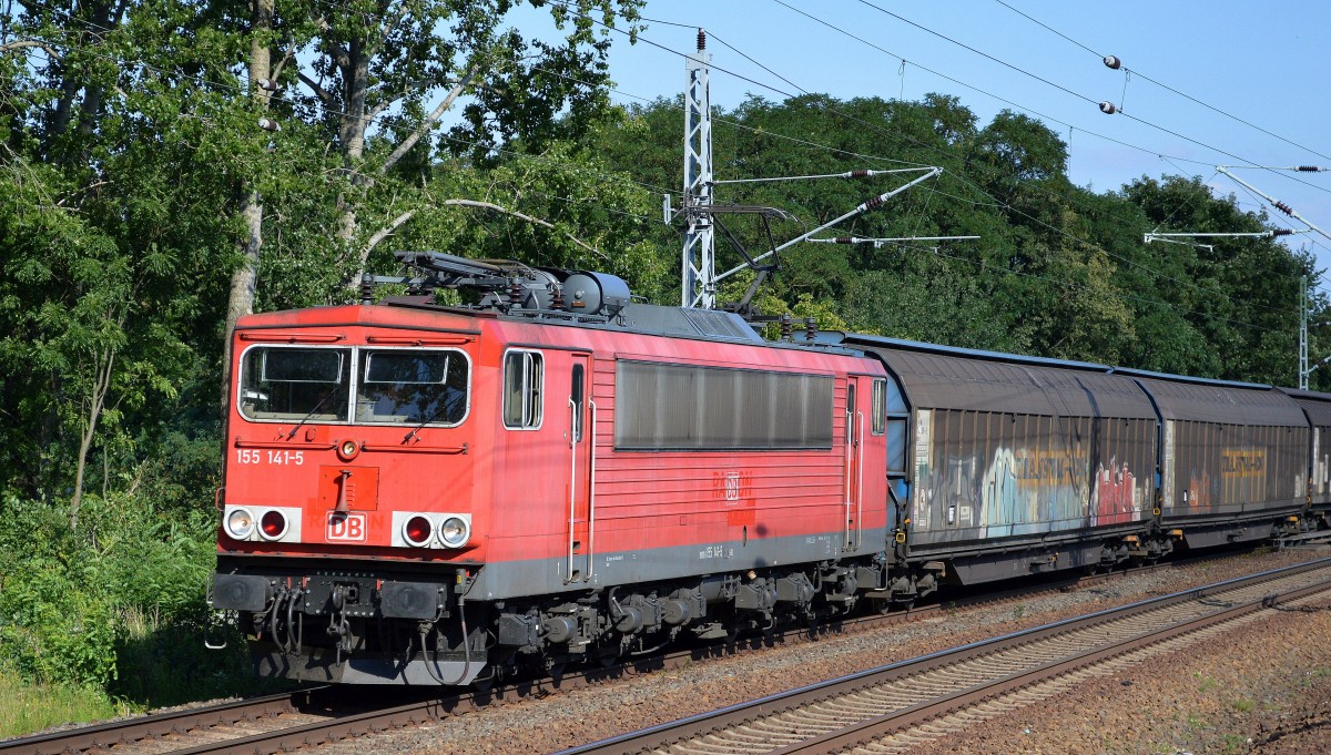 155 141-5 mit einem Ganzzug Schiebewandwagen Richtung Oranienburg am 05.08.15 Mühlenbeck/Mönchmühle bei Berlin.