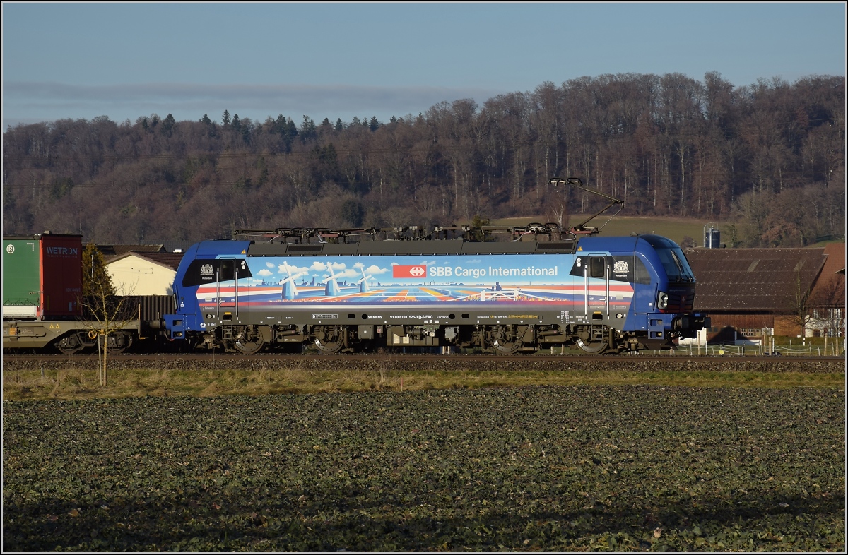 193 525 'Rotterdam' mit Hollanddesign (Hollandpiercer) in Hendschiken. Das Motiv auf der Lok ist leicht unpassend zum Hintergrund, dafür die Lok schön sauber. Januar 2022. 