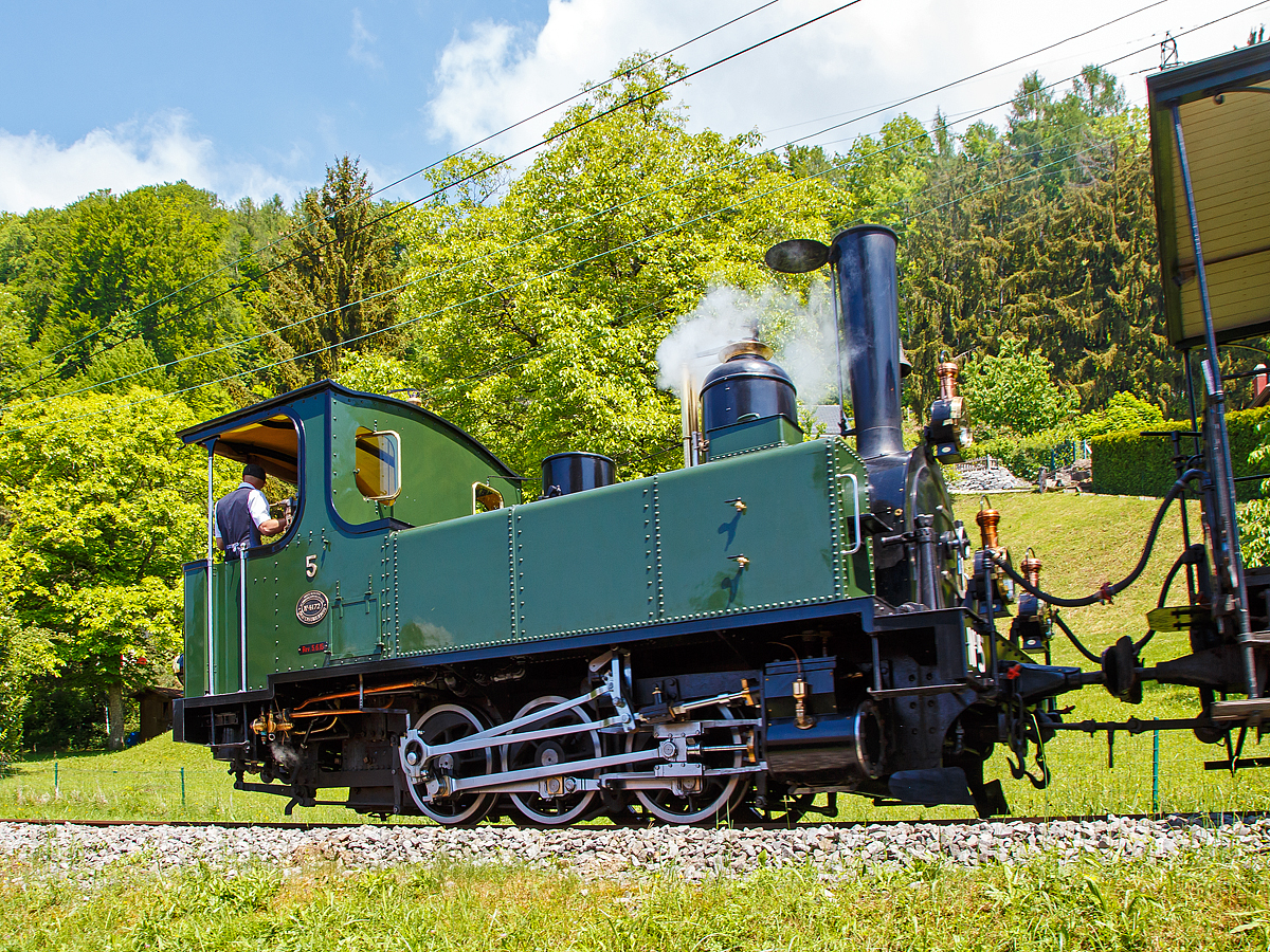 50 Jahre BC - MEGA STEAM FESTIVAL der Museumsbahn Blonay–Chamby:
Die G 3/3 LEB N� 5   Bercher  f�hrt am 19.05.2018 mit ihrem Zug vom Museum Chamby wieder hinunter nach Blonay, hier erreicht bald Blonay.

Die ex LEB Nr. 5   Bercher  (Lausanne–Echallens–Bercher-Bahn) wurde 1890 von der Els�ssische Maschinenbau-Gesellschaft Grafenstaden (sp�ter Soci�t� Alsacienne de Constructions M�caniques) unter der Fabriknummer 4172 gebaut und an die Lausanne–Echallens–Bercher-Bahn geliefert. Im Jahr 1934 wird sie dann an die Baustelle der Staumauer Grande-Dixence verkauft, diese verl�sst sie aber 1939 und geht nach Vorarlberg in �sterreich. 1967 schlitterte sie in einem Kindergarten in Feldkirch und dort wurden sie von Mitgliedern von Blonay-Chamby gefunden und kam 1973, im Tausch gegen eine andere Dampfmaschine, zur Museumsbahn Blonay–Chamby.

Die Lausanne–Echallens–Bercher-Bahn, abgek�rzt LEB, franz�sisch Chemin de fer Lausanne–Echallens–Bercher, ist eine meterspurige Privatbahn. Die knapp 24 Kilometer lange Strecke f�hrt vom Stadtzentrum von Lausanne (Flon) durch die n�rdlichen Vororte und weiter nach Echallens und Bercher im Gros de Vaud, dem Waadtl�nder Hinterland. Die LEB ist eine moderne Vorortbahn, die in Lausanne teilweise unterirdisch verkehrt. Die Z�ge fahren alle 30 Minuten (zwischen Echallens und Bercher gibt es einige wenige Taktl�cken am Vormittag). Werktags wird ein Viertelstundentakt bis Cheseaux angeboten. Von Montag bis Freitag verkehren in Lastrichtung einige beschleunigte Hauptverkehrsz�ge. 

TECHNISCHE DATEN der LEB G 3/3 N� 5  Bercher :
Baujahr:  1890
Spurweite: 1.000 mm
Achsformel: C
L�nge �ber Puffer: 6.830 mm
Achsabstand: 1.800 mm (950mm / 850 mm)
Dienstgewicht: 20,4 t
Anzahl der Zylinder: 2
Zylindergr��e: � 270 mm x 370 mm Kolbenhub
Treibraddurchmesser:  810 mm
H�chstgeschwindigkeit.:  25 km/h
Kessel�berdruck:  12 bar
Kohlevorrat: 0,8 t
Wasservorrat: 2,2 m�