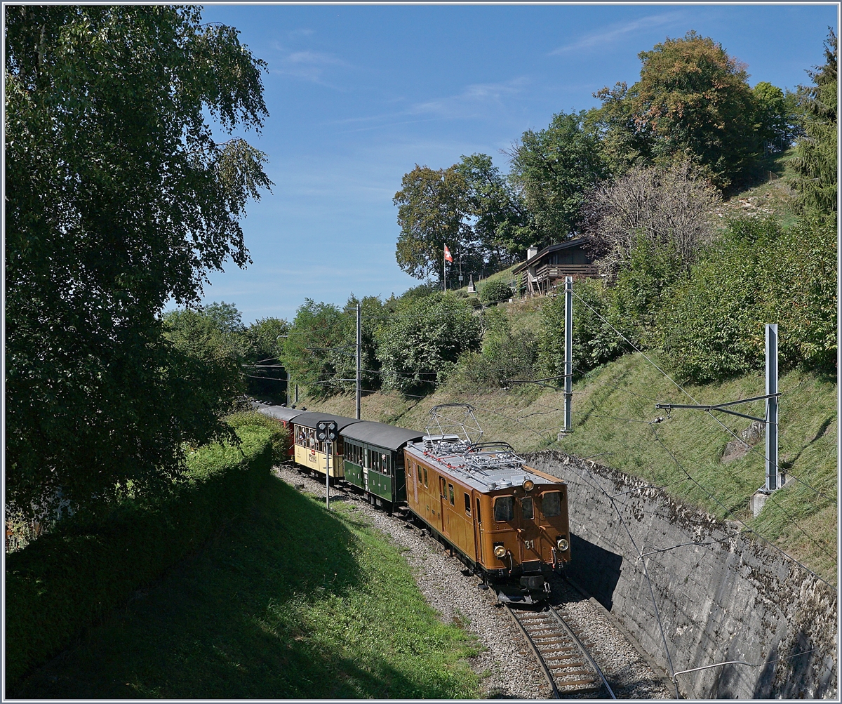 50 Jahre Blonay - Chamby Bahn; die Bernina Bahn Ge 4/4 81 ist bei Sonzier mit dem Riviera Belle Epoque Zug auf der Fahrt nach Montreux. 

8. Sept. 2018 