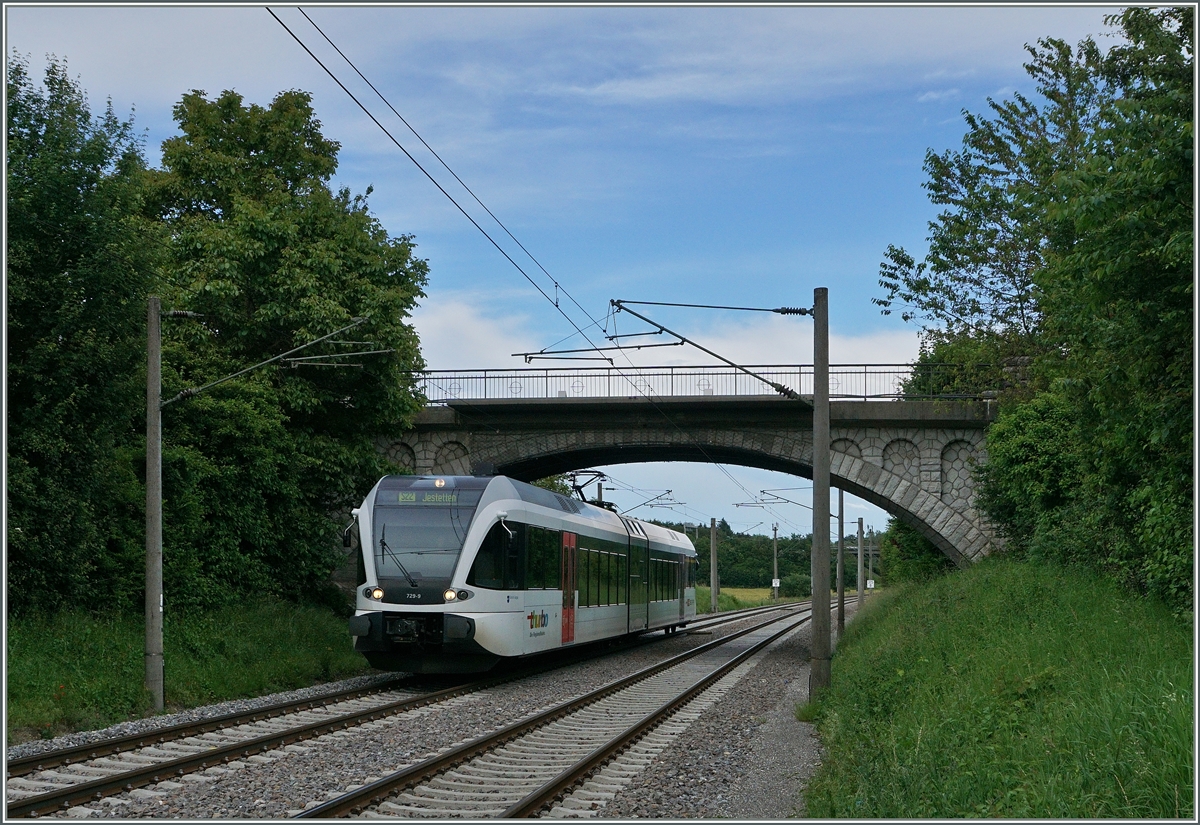 729-2 Der Thurbo GTW 526 729-5 als S22 erreicht auf seiner Fahrt von Singen nach Jestetten den Halt Bietingen.
18. Juni 2016