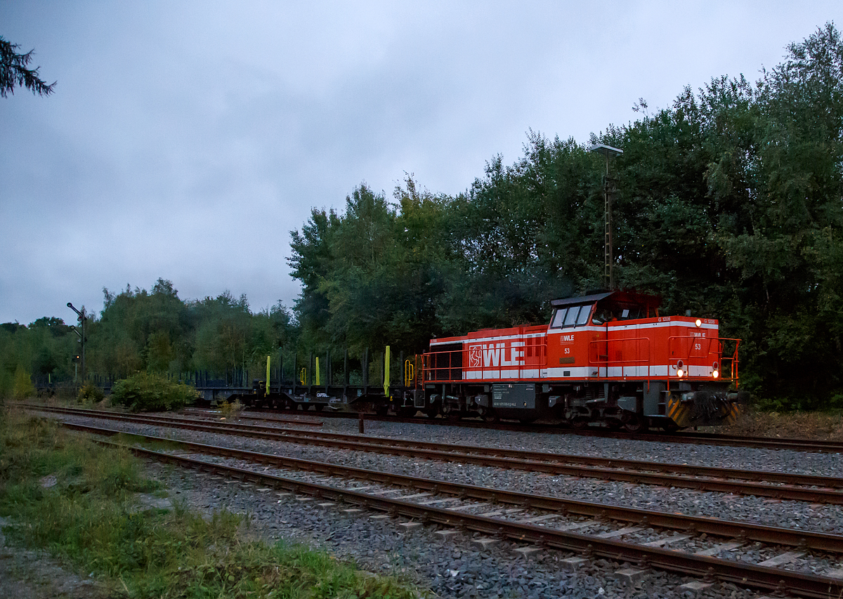 
Abendstimmung im Hellertal...

Die WLE 53  Kreis Soest  (92 80 1275 505-6 D-WLE) der Westf�lische Landes-Eisenbahn GmbH in Lippstadt (eine MaK G 1206) f�hrt mit ihrem leeren G�terzug (Schwerlastwagen) von Herdorf weiter in Richtung Betzdorf (Sieg).