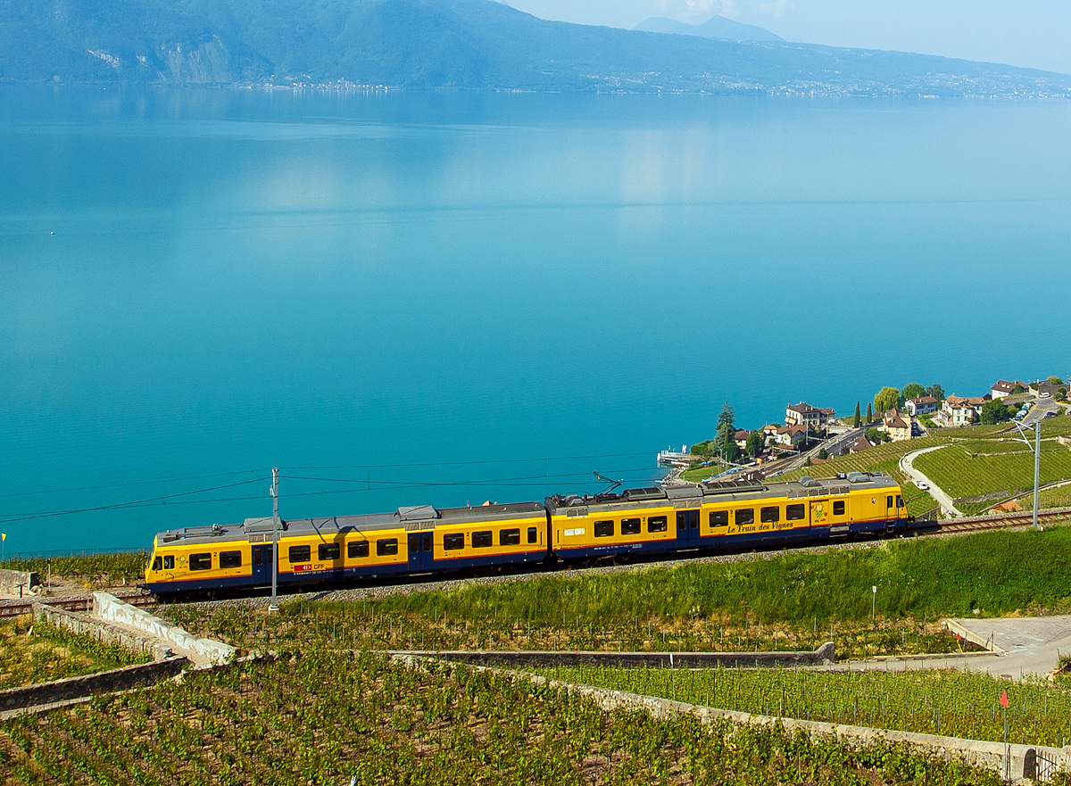 
Abschied von diesem Zug wohl in dieser Farbgebung zum letzten Mal zusehen war. Am 28.05.2012 verkehrte der  Train des Vignes  (S31 -  Puidoux-Chexbres nach Vevey) wohl zum letzten Mal in dieser Zugskomposition  (SBB RBDe 560 131-5 mit Steuerwagen Bt 50 85 29-35 931-9) und Farbgebung. In der Nähe von Chexbres macht er seinem Namen alle Ehre in den Weinbergen des Lavaux hoch über dem Genfersee, hier fährt er Richtung Vevey.