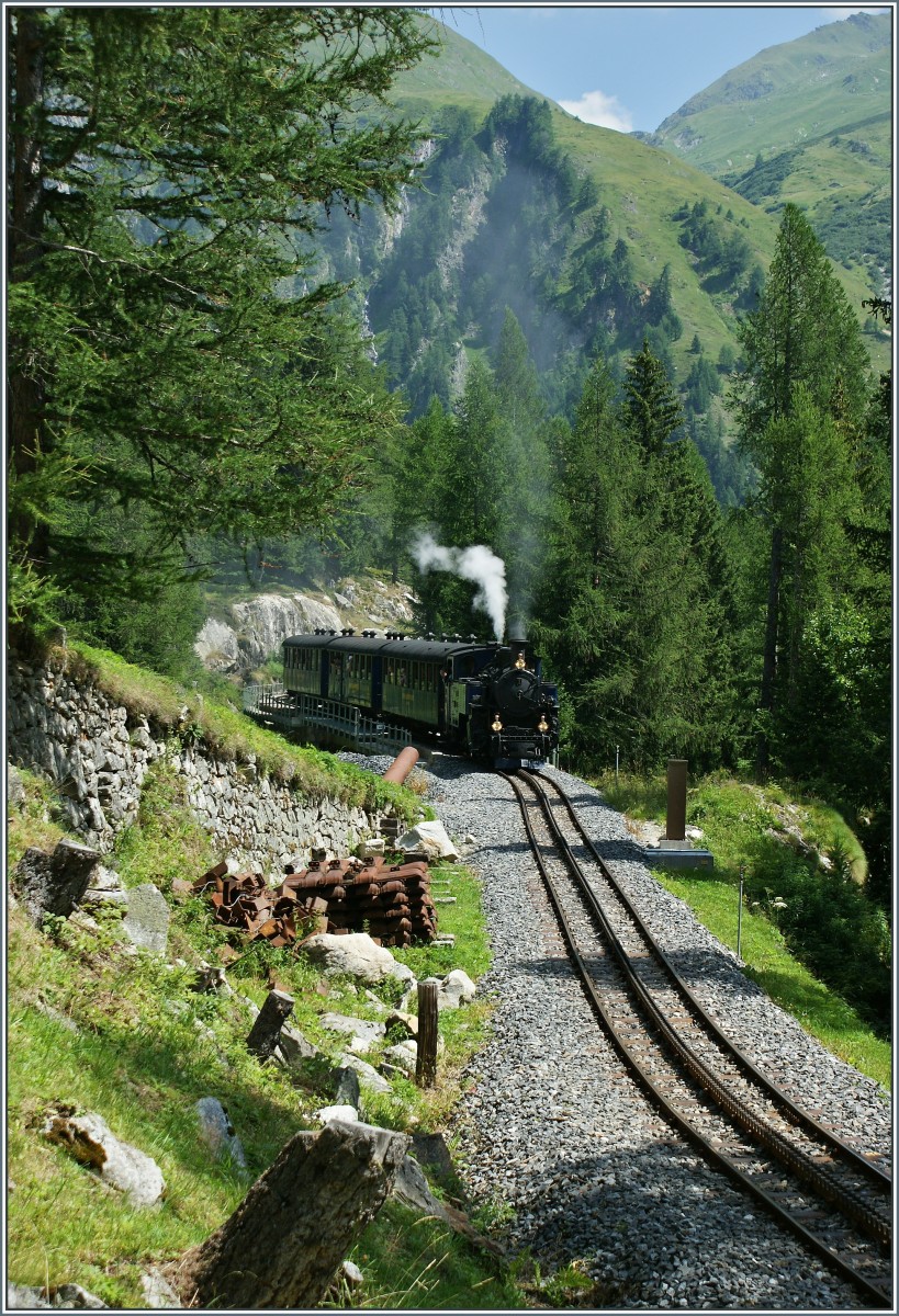 Auf Wunsch des Webmasters hier noch eine Aufnahme in Hochformat mit dem Dampfzug 131 der auf dem Weg nach Oberwald ist.
(05.08.2013)