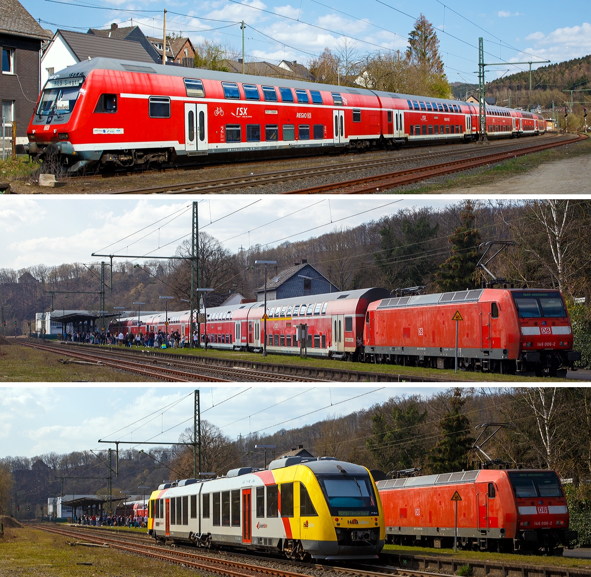 
Bahnhof Brachbach/Sieg am 30.03.2019 (von oben nach unten):

Geschoben von der 146 006-2 erreicht der RE 9 (Siegen – K�ln - Aachen) Steuerwagenvoraus den Bahnhof;

Nur am Zug war irgendein Problem, immer wieder wurde die Lok herunter und wieder hochgefahren, nach einer ½ Stunde mussten die Passagiere den Zug verlassen;

Gleichdrauf fuhr der HLB VT 254, ein LINT 48, als RB 90 nach Westerburg ein, ob der Tf ahnte wie voll sein Triebwagen nun wurde. Denn fast alle  Passagiere des RE 9 fuhren (wohl als �lsardinen), in Richtung Betzdorf, mit.
