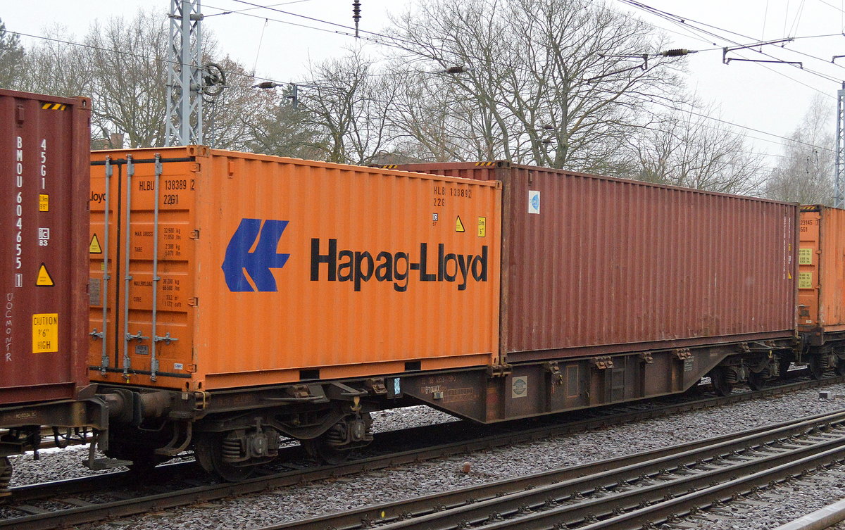 Belgischer Containertragwagen vom Einsteller TOUAX mit der Nr. 33 RIV 88 B-TOUAX 4553 159-3 Sgns am 23.01.17 Berlin-Hirschgarten.