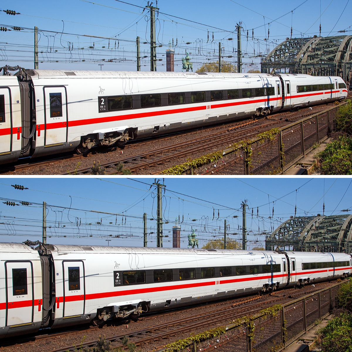 
Bild 2:
Als ICE 610 von M�nchen Hbf nach Dortmund Hbf, verl�sst der zw�lfteilige (Konfiguration K3s) ICE4 Triebzug (Tz) 9004 (93 80 5812 004-0 D-DB ff.) am 21.04.2019 den Hauptbahnhof K�ln.

Oben:
Wagen-Nr. 2 – Bpmzangetriebener 2. Klasse Mittelwagen (Powercar) 93 80 2412 804-4 D-DB
Unten:
Wagen-Nr. 3 – Bpmz angetriebener 2. Klasse Mittelwagen (Powercar) 93 80 2412 504-0 D-DB
