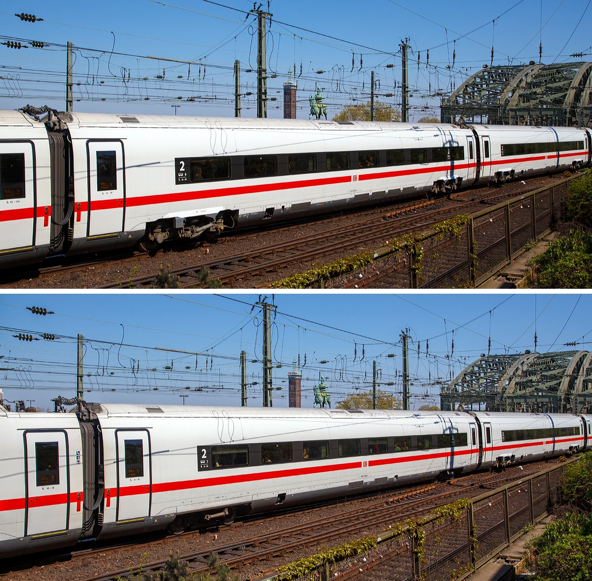
Bild 4:
Als ICE 610 von München Hbf nach Dortmund Hbf, verlässt der zwölfteilige (Konfiguration K3s) ICE4 Triebzug (Tz) 9004 (93 80 5812 004-0 D-DB ff.) am 21.04.2019 den Hauptbahnhof Köln.

Oben:
Wagen-Nr. 6 – Bpmz angetriebener 2. Klasse Mittelwagen (Powercar) 93 80 2412 004-1 D-DB.
Unten:
Wagen-Nr. 7 – Bpmz antriebsloser 2. Klasse Mittelwagen 93 80 9812 004-2 D-DB.

