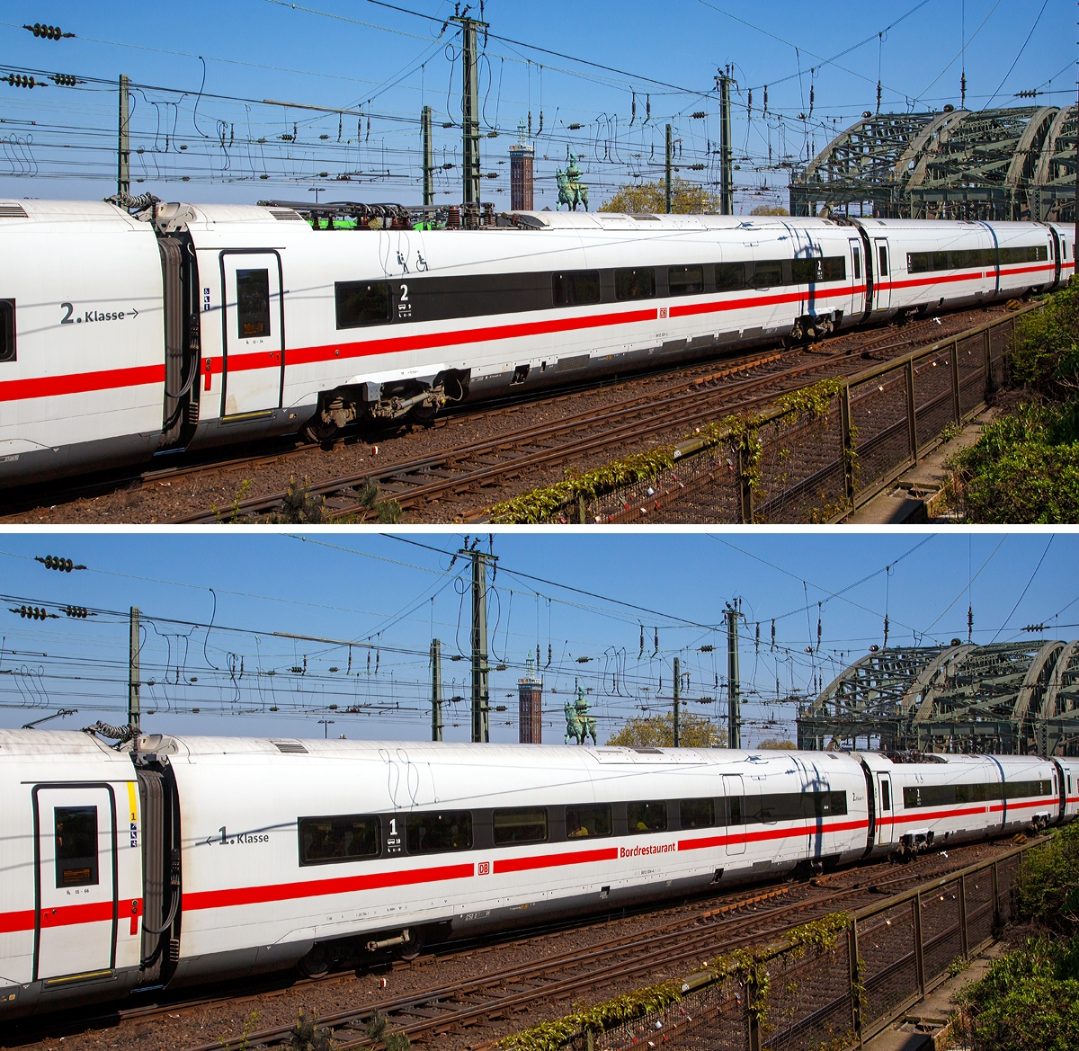 
Bild 5:
Als ICE 610 von München Hbf nach Dortmund Hbf, verlässt der zwölfteilige (Konfiguration K3s) ICE4 Triebzug (Tz) 9004 (93 80 5812 004-0 D-DB ff.) am 21.04.2019 den Hauptbahnhof Köln.

Oben:
Wagen-Nr. 9 – Bpmbsz angetriebener 2. Klasse Mittelwagen (Powercar) als Servicewagen mit Stromabnehmern 93 80 6412 004-2 D-DB. Der Servicewagen enthält Kleinkindabteil, Familienbereich, Rollstuhlbereich und Diensträume für das Bordpersonal.
Unten:
Wagen-Nr. 10 – ARmz antriebsloser 1. Klasse / Bordrestaurant Mittelwagen 93 80 9812 004-2 D-DB.
