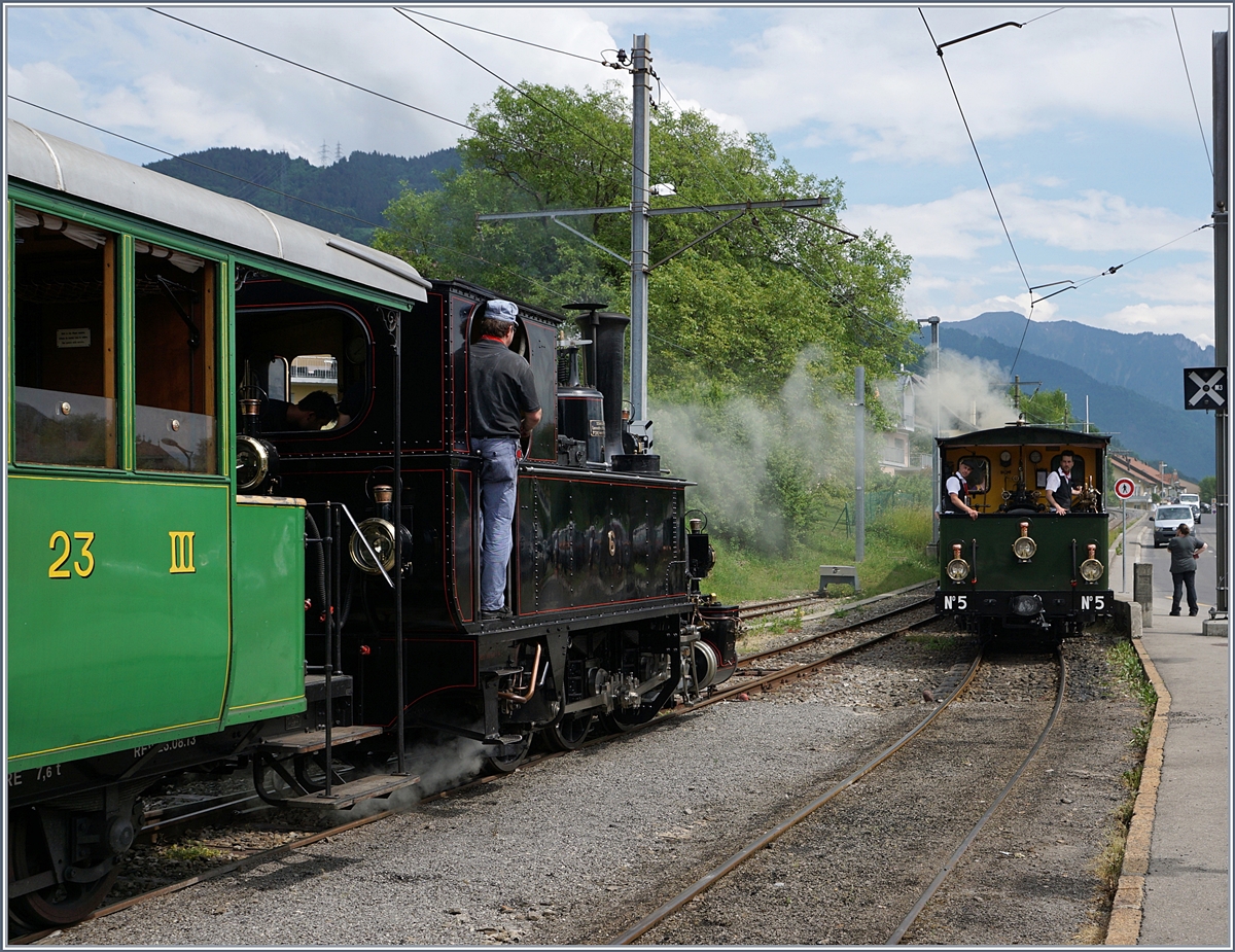 Blonay-Chamby Pfingstfestival 2017: die kleine G 3/3 6 wartet in Blonay auf den Gegenzug um dann ihre Fahrt nach Chamby in Angriff zu nehmen. 
3. Juni 2017