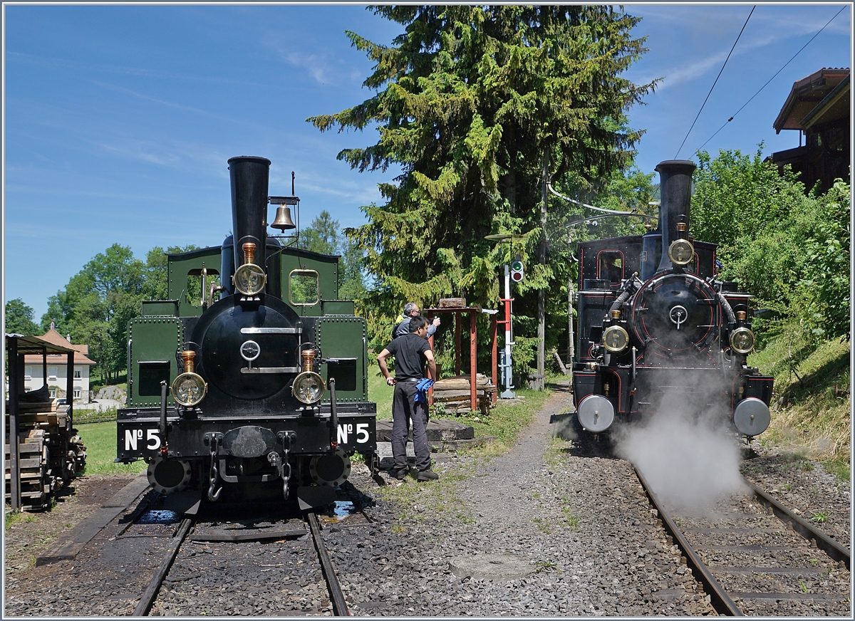 Blonay-Chamby Schweizer Dampffestival 2019: Während die LEB G 3/3 N° 5 noch versorgt wird, dampft die G 3/3 N° 6 bereits wieder frisch versorgt zu ihrem nächsten Einsatz.

8. Juni 2019