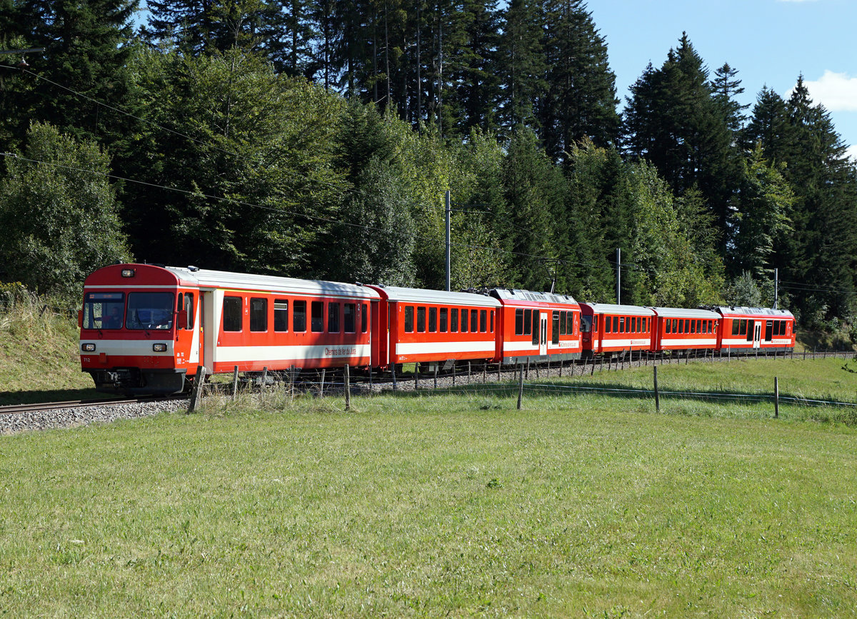 Chemins de fer du Jura CJ
Während dem diesjährigen Marché-Concours von Saignelégier, dem grössten Anlass des Kantons Jura, standen zwischen Glovelier und La Chaux-de-Fonds für die Bewältigung des Grossverkehrs erstmals die neuen 6-Wagenzüge im Einsatz. Die Aufnahmen entstanden am 11. August zwischen Le Noirmont und La Chaux-de-Fonds.
Foto: Walter Ruetsch 