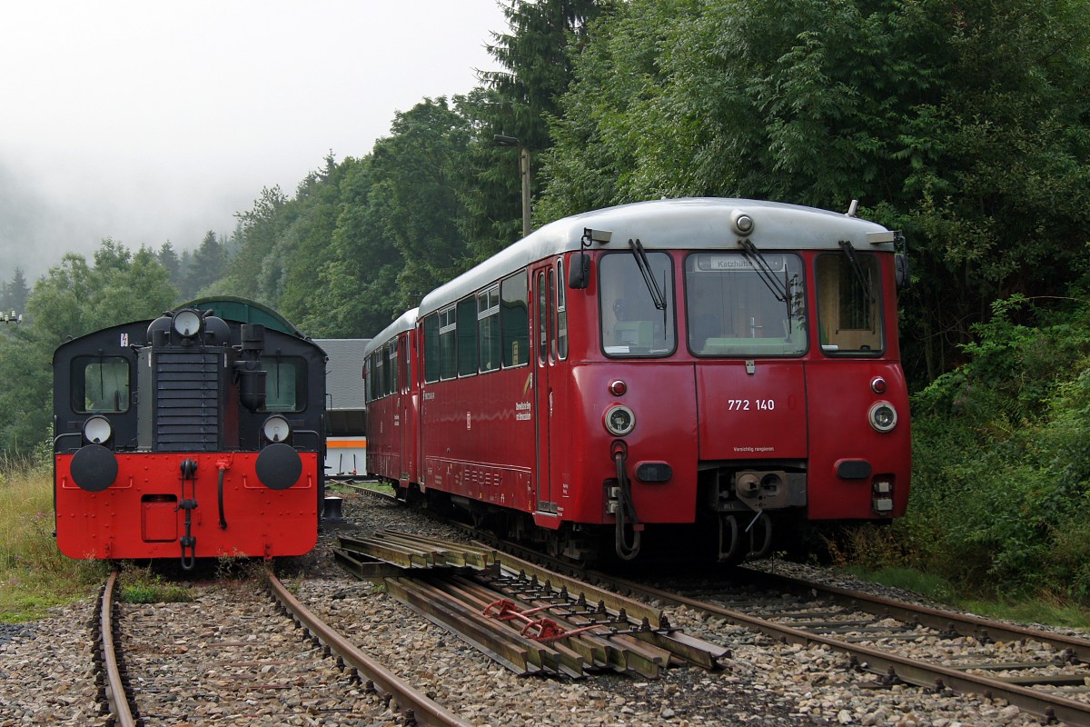 DB: Oldtimertreffen von ehemaligen DDR-Fahrzeugen bei der Obstfelderschmiede, wo die Schwarzatalbahn nach Rottenbach und die Oberweissenbacher Bergbahn zusammentreffen, am 14.8.2010. 
Foto: Walter Ruetsch