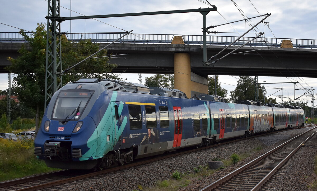 DB Regio AG - Region Südost, Fahrzeugnutzer: S-Bahn Mitteldeutschland, Leipzig mit ihrem Talent  1442 308  (NVR:  94 80 1442 308-1 D-DB..... ) als S2 Richtung Jüterbog am 17.09.25 Einfahrt Bahnhof Lutherstadt Wittenberg. 
