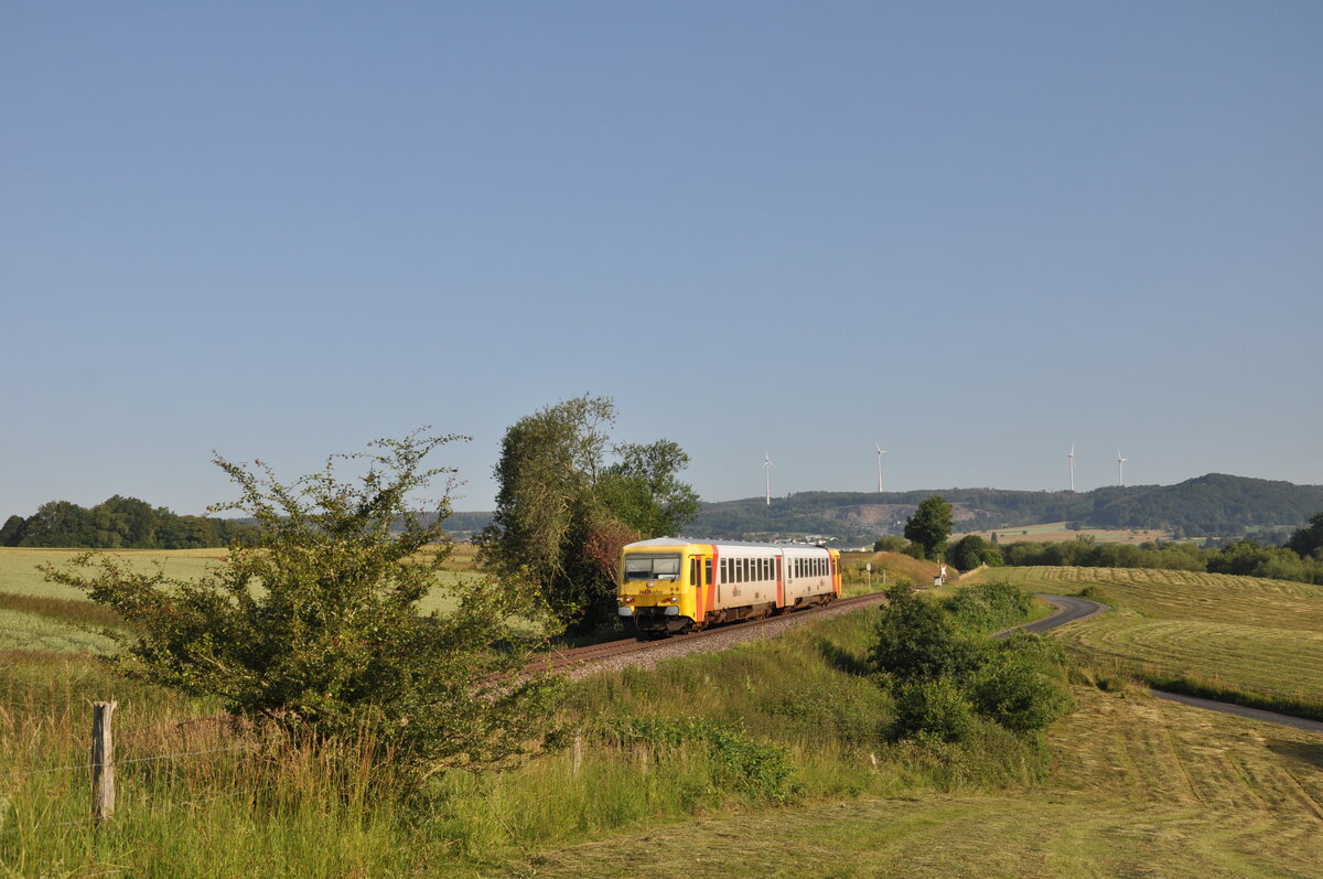 Der 629 072 der HLB ist am 23. Juni 2020 als RB 90 auf dem Weg nach Limburg(Lahn) und fährt dabei durch die Felder in der Nähe der Ortschaft Thalheim. 